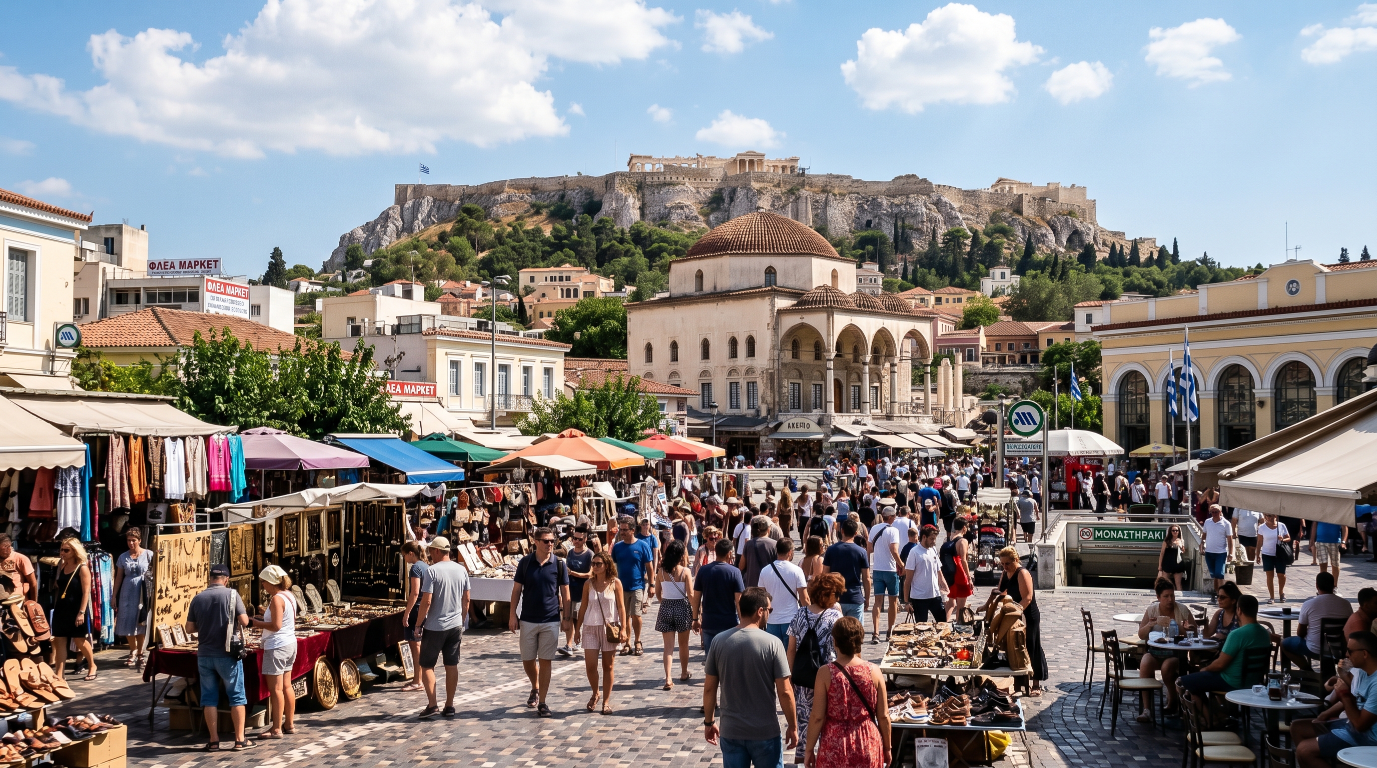Monastiraki Square Athens flea market with Acropolis view walk route